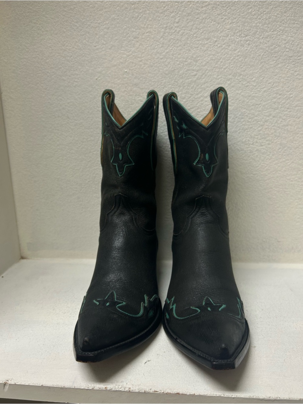 Old Gringo Black Leather Western Ankle Boots with Teal 9B